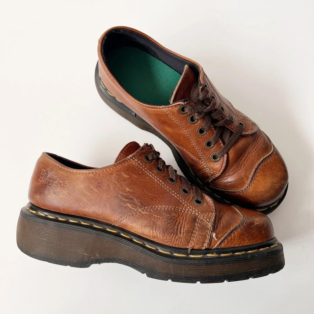 Vintage Dr. Martens Platform Oxfords Brown Leather Chunky Mary Jane Boots Size 8
